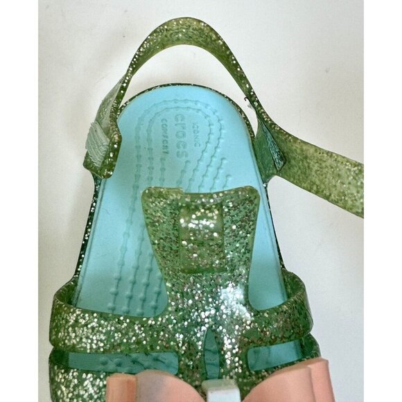 Crocs Girls Blue Green Glitter Size 5 Isabella Hook Loop Sling Back Bow Sandals - Picture 6 of 12
